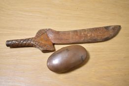 A 19th Century copper oval snuff container and a carved wooden knitting stick
