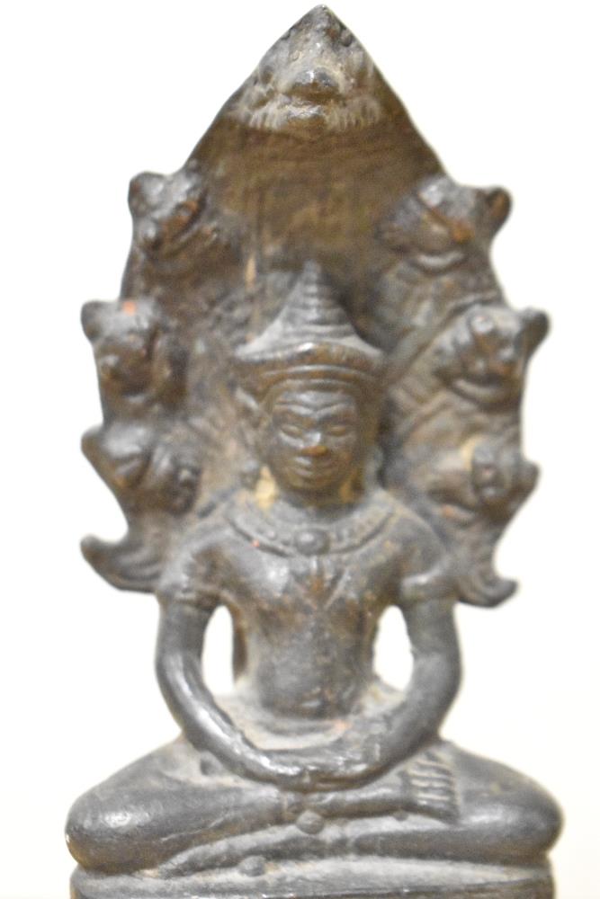 Two antique cast metal Buddha ornaments, to include one of a Sivali Buddhist monk, the largest - Image 3 of 5