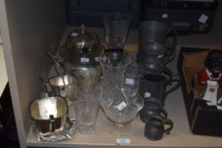A selection of pewter tankards and a jug, plated ware including tea pot, sugar and milk, sold with