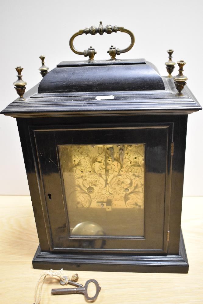 A late 17th Century ebonised bracket clock, John Clowes of London, the case having a caddy top, - Image 3 of 24