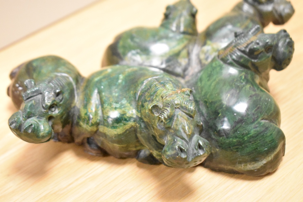 A detailed Chinese green stone hippo group carving, possibly Nephrite, measuring 22cm long - Image 2 of 3