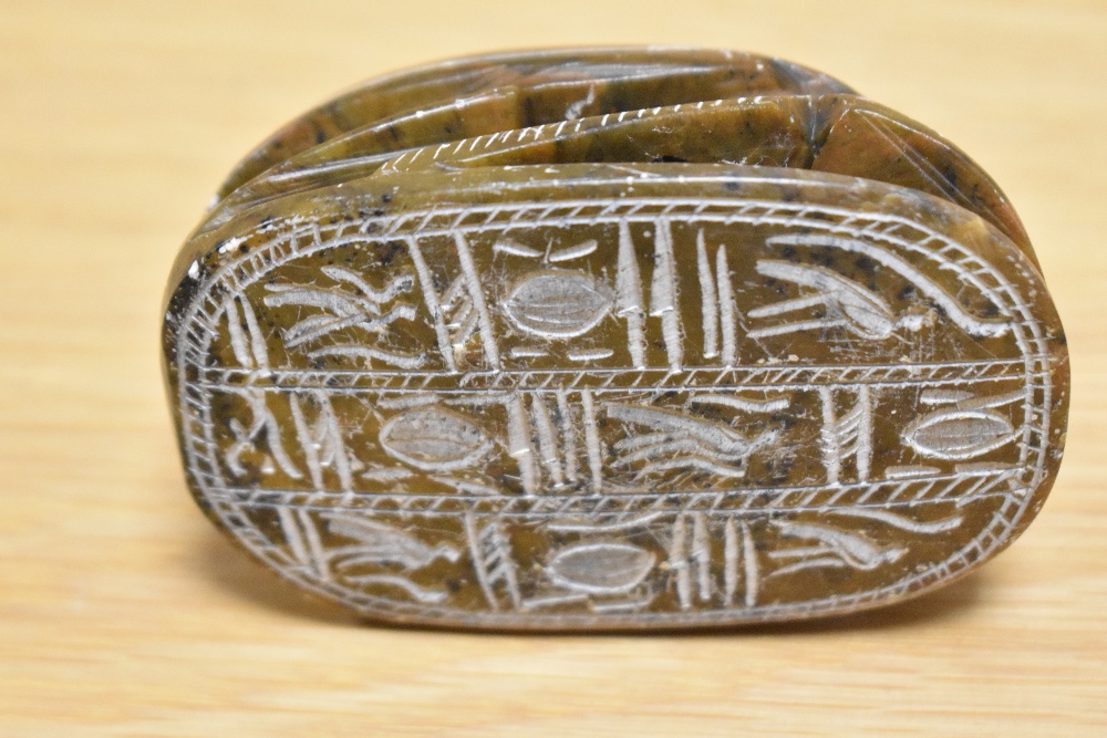 An Egyptian carved soapstone scarab beetle paperweight, measuring 10cm long - Image 2 of 3