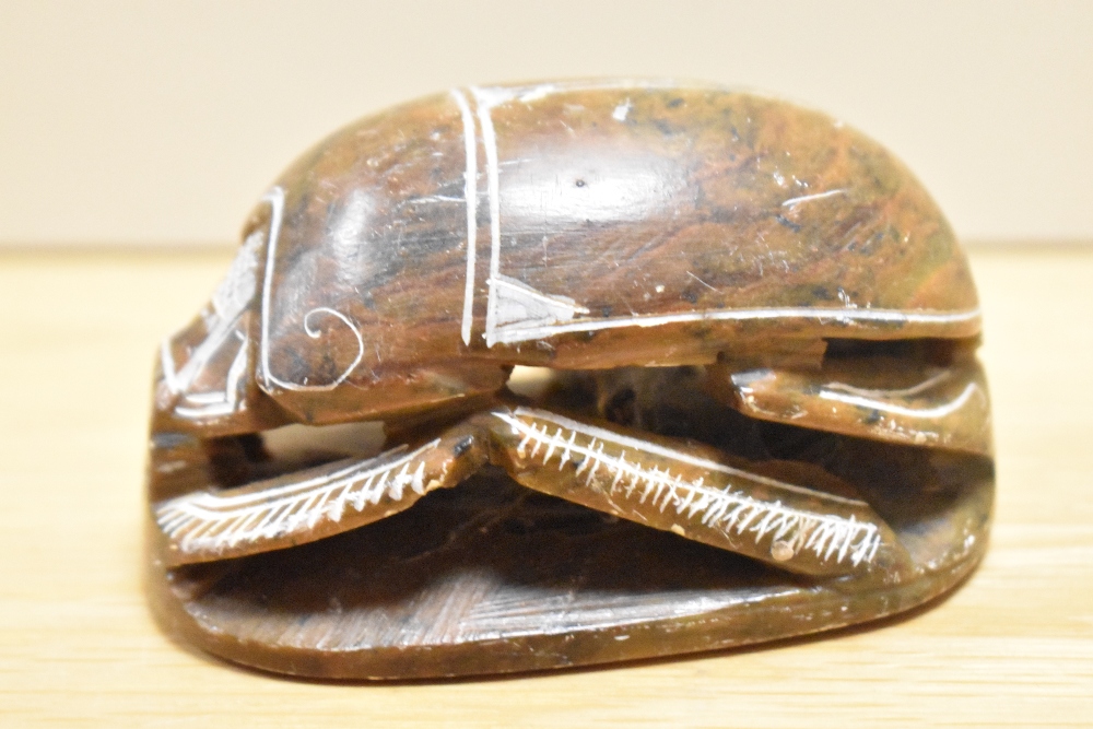 An Egyptian carved soapstone scarab beetle paperweight, measuring 10cm long - Image 3 of 3