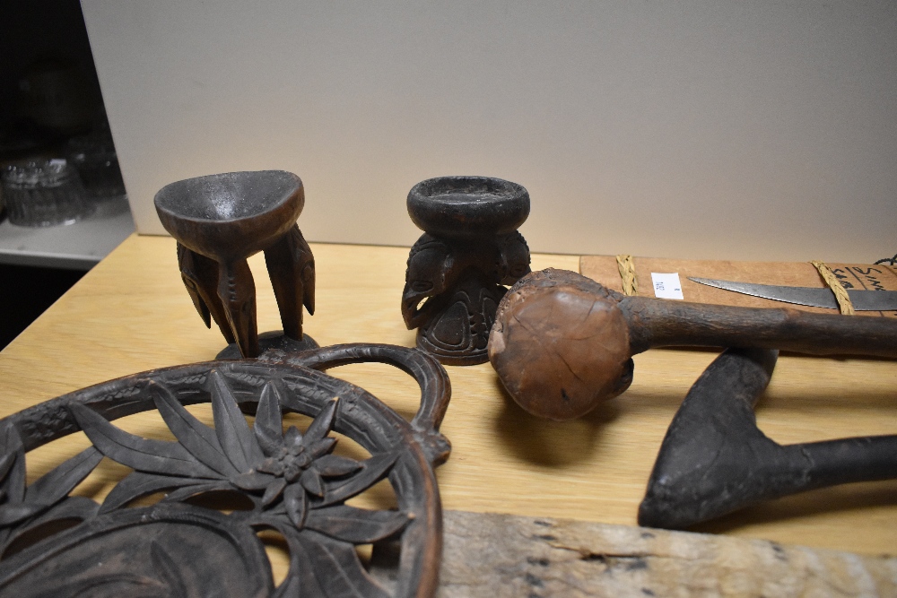 An assorted collection of primitive African tools and carvings, including a hardwood club - Image 13 of 13