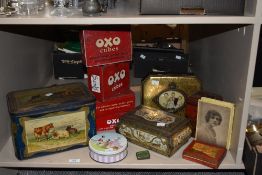 A selection of vintage tins, including OXO , Drawings pins tin and Quality Street.