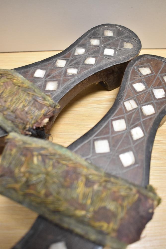 A pair of 19th Century Japanese Mother of Pearl inlaid Geta shoes, 23cm long, an adzed oak - Image 6 of 7