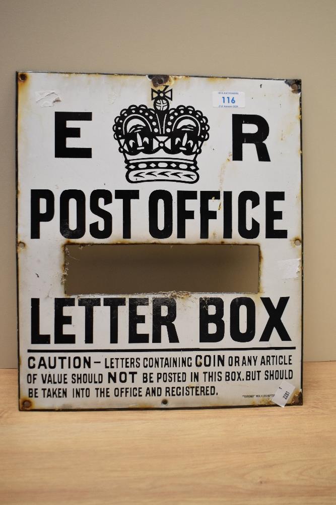 A mid 20th Century black on white enamelled sign, 'ER Post Office Letter Box', with central