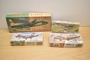 Four Airfix 1:72 scale plastic Aircraft Kits, Foker F27 Friendship, Beagle Basset 206, DH Heron II