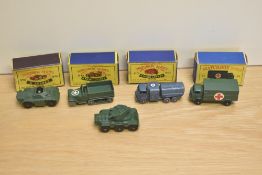 Five 1954- 1965 Matchbox Moko Lesney and Lesney die-casts, all Military Vehicles, No 49 Army Half