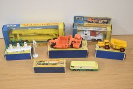 Six Matchbox die-casts, King Size K2 Scammell Heavy Wreck Truck, K6 Allis Chalmers Earth Scrapper,