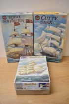 Three plastic model kits, Airfix Series 9 9251 Royal Sovereign & 9253 Cutty Sark and Revell H340