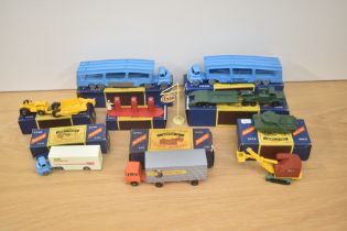 Eight Matchbox Accessory Packs, No1 Fuel Pumps, No2 Car Transporter x2, Major No1 Caterpillar