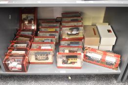 A shelf of Matchbox Models of Yesteryear die-casts, Wagons, Buses etc, 30+ all boxed