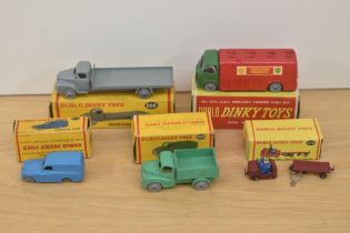 Five Dublo Dinky die-casts, 063 Commer Van, 064 Austin Lorry, 066 Bedford Flat Truck, 070 AEC