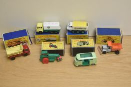 Six 1960's Matchbox Lesney die-casts, No 1 Diesel Road Roller, No 16 Scammell Mountaineer Snow