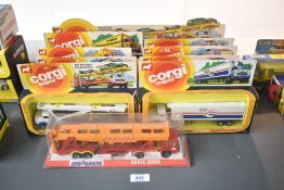 Nine Corgi Super die-casts, 2015 Car Transporter, 2027 Mack Box Van, 2006 Mack Tanker, 2017 Scania