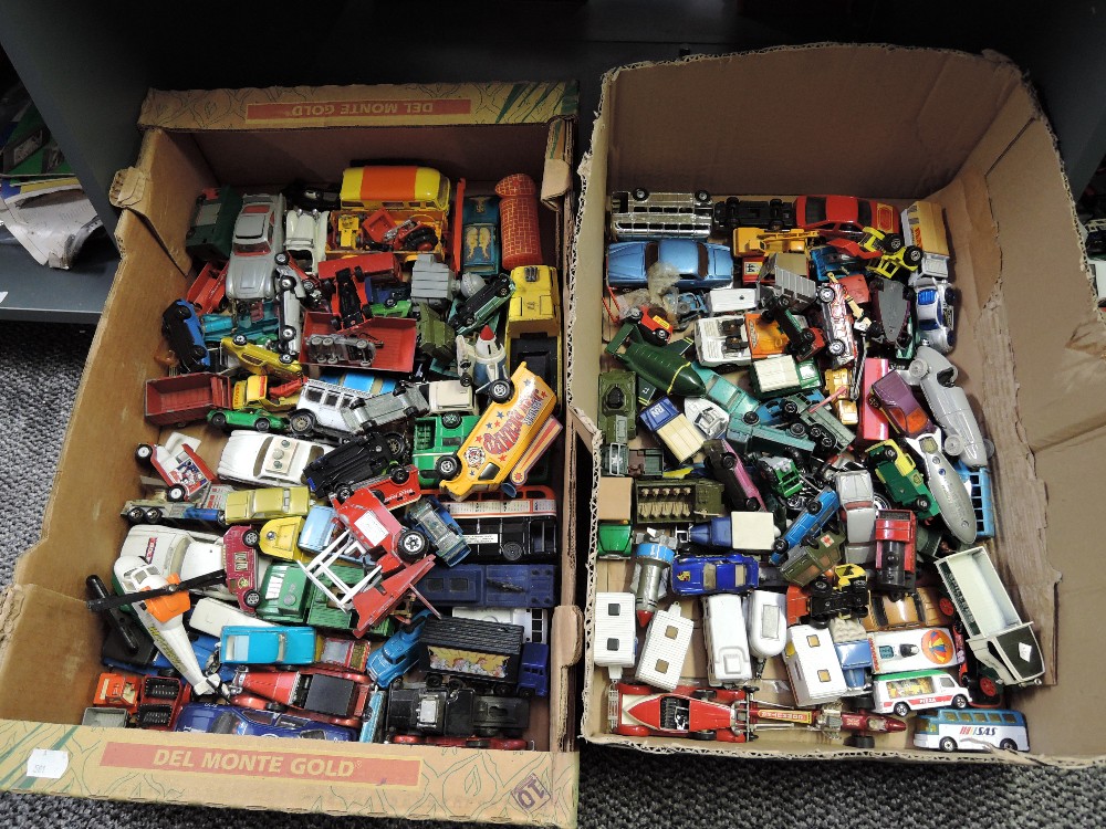Two boxes of playworn die-casts including Corgi, Lone Star, Matchbox etc, 70+
