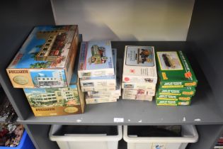 A shelf of plastic kits, Vollmer HO scale, 3802 Multi Storey Car Park, 3759 City Fire Station,