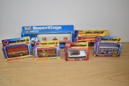 Six Matchbox SuperKings die-casts, K2 Scammell Heavy Wreck Truck, K10 Pipe Truck, K15 The Londoner