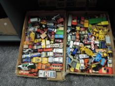 Two boxes of playworn die-casts including Corgi, Hotwheels, Matchbox etc, 70+