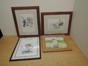 Four Golfing framed and glazed prints, Jim Bateman, The Colonel and Caddy, The Woman Hater, Gary