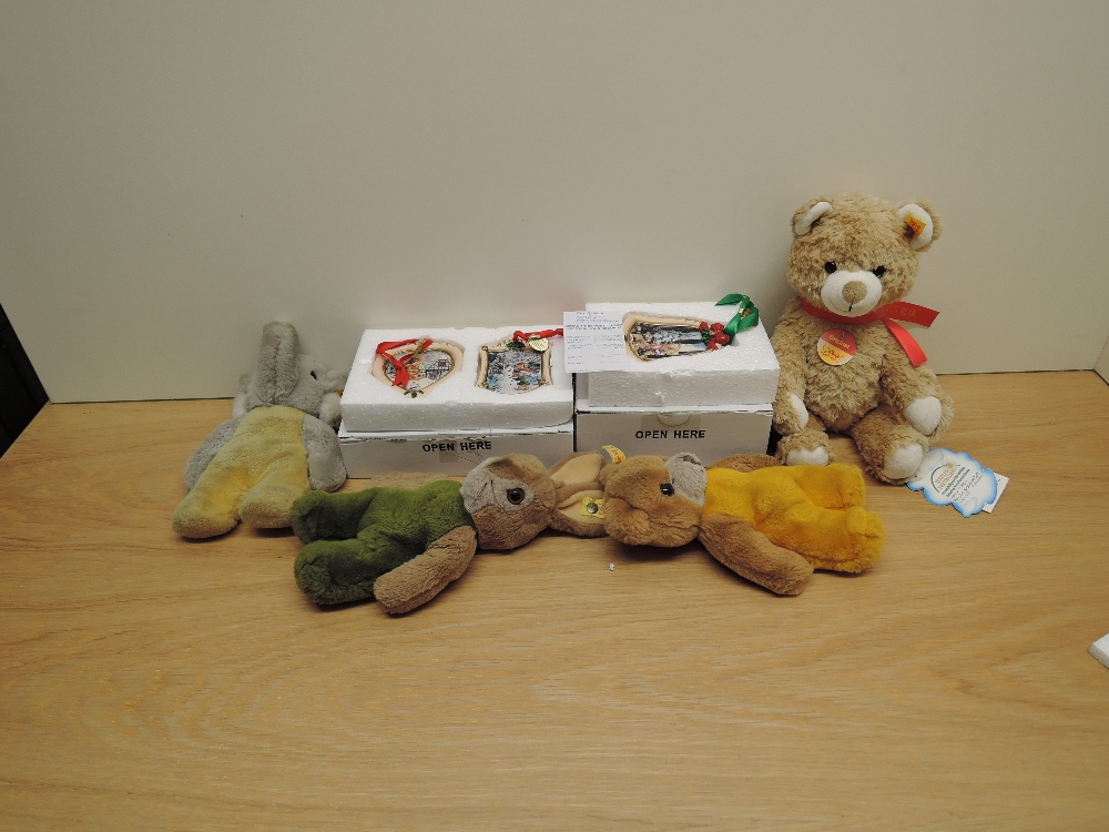 Four modern Steiff Animals, 6250/22 Teddy, 6254/22 Rabbit, number worn off tag Elephant and 022760