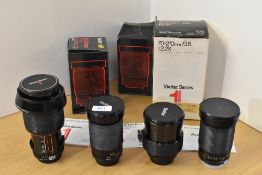 Four Vivitar lenses. A Series 1 1:3,5 70-210mm, two Vivitar Macro focusing zoom 1:3,5-5,6 28-210mm