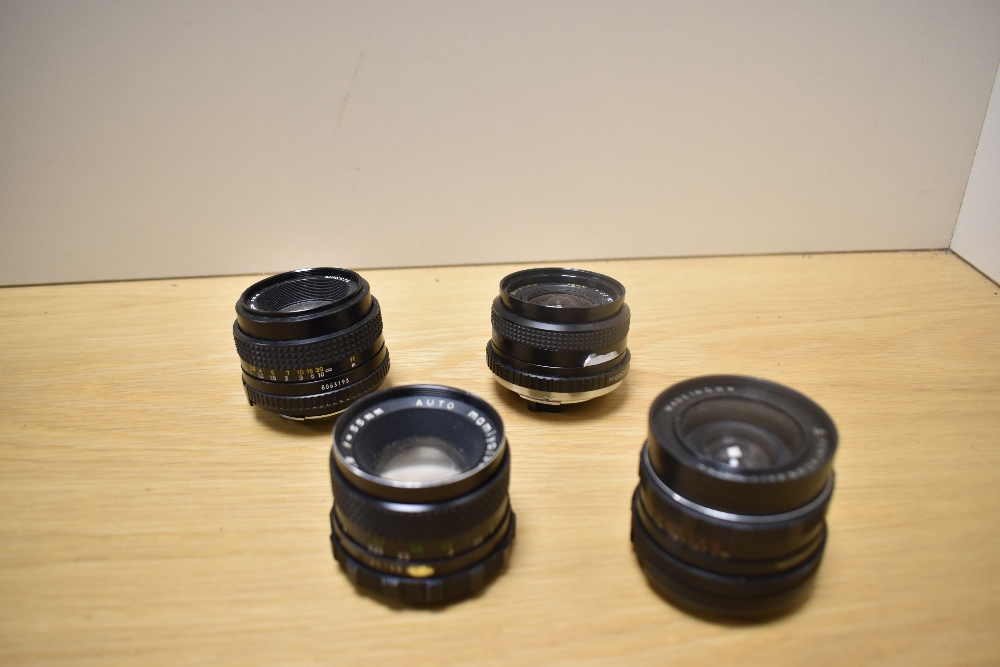 Seven Various lenses. An Exakta MC Macra 1:4,5-5,6 70-210mm, A Mamiya Sekor SX !:1,8 55mm, a Minolta - Image 2 of 5