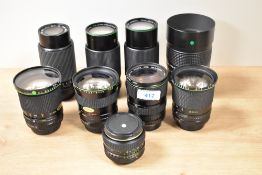 Ten Hanimex lenses. A 1:4,5 200mm, three Auto Zoom MC 1:3,5-4,5 28-80mm, a Auto Zoom MC Macro 1:3,