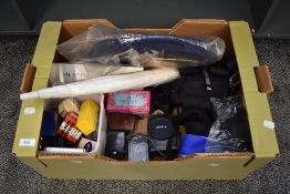 A box of photographic equipment including light meters, reflectors, bags, cards etc