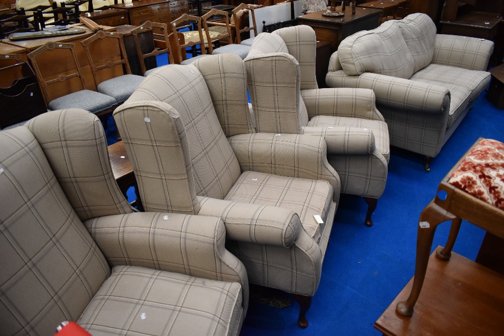Three modern wing back easy chairs and settee in similar cream check upholstery, settee width approx - Image 2 of 5