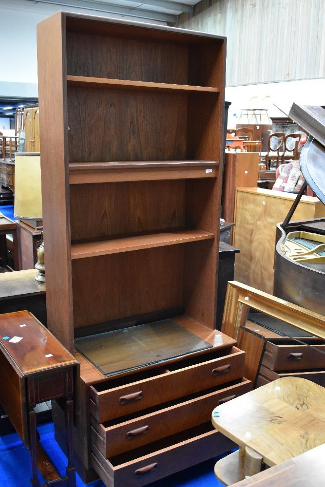 A vintage teak wall unit having partially glazed shelves and drawer base, dimensions approx. - Image 5 of 7
