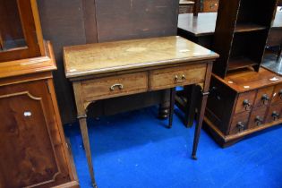 An Edwardian mahogany and inlaid side table having double drawers, dimensions approx. W77 D43 H75cm