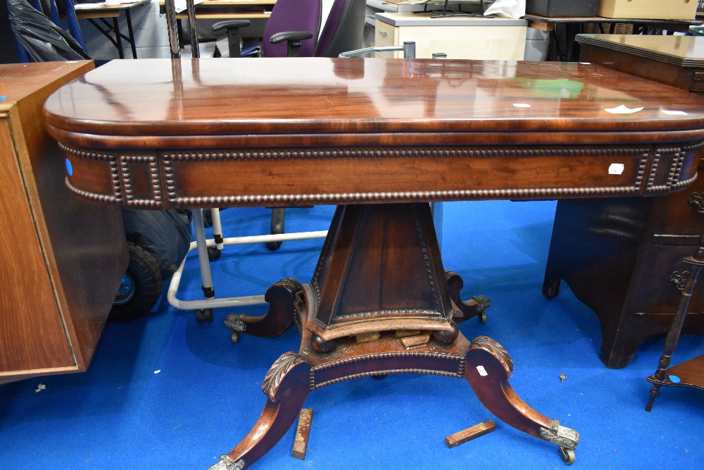 A William IV mahogany fold over tea/breakfast table of large proportions , having curved top over - Image 7 of 12