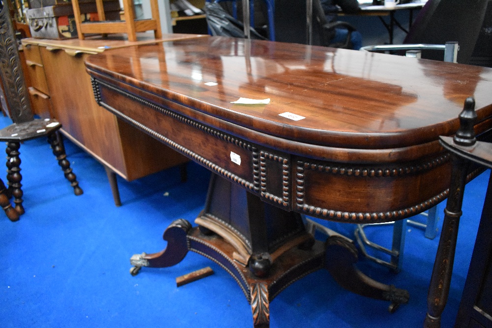 A William IV mahogany fold over tea/breakfast table of large proportions , having curved top over - Image 2 of 12