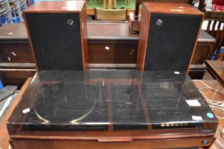 A vintage Dynatron music centre and speakers , width approx. 79cm