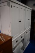 Two modern white laminate kitchen or utility cupboards, both approx. H183 W76 D41cm