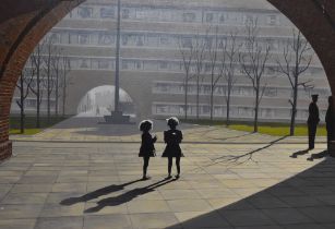 Stuart Marsh (20th Century, British), acrylic, 'Tenements Tots', a depiction of Trowbridge