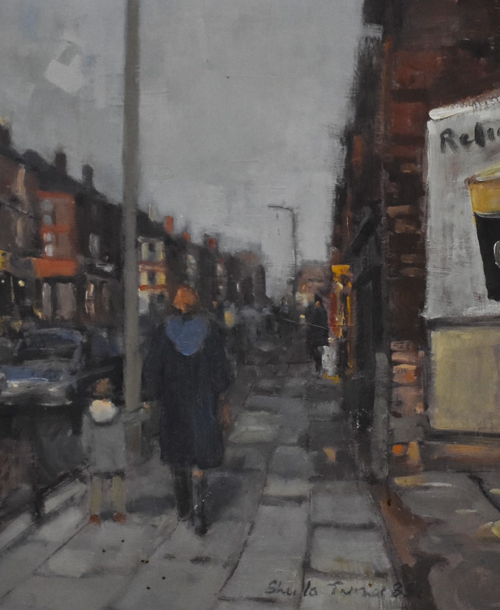 Sheila Turner (b.1941, British), oil on board, 'Mother & Child', A Liverpool street scene, signed
