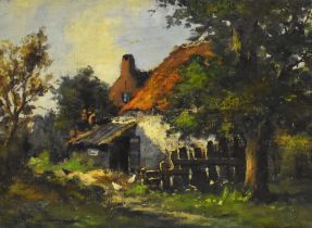 19th/20th Century, Continental School, oil on canvas, A solitary farm house with chickens feeding to