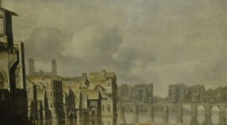 After Claude de Jongh (1600-1663, Dutch), coloured print, 'View of Old London Bridge', framed and