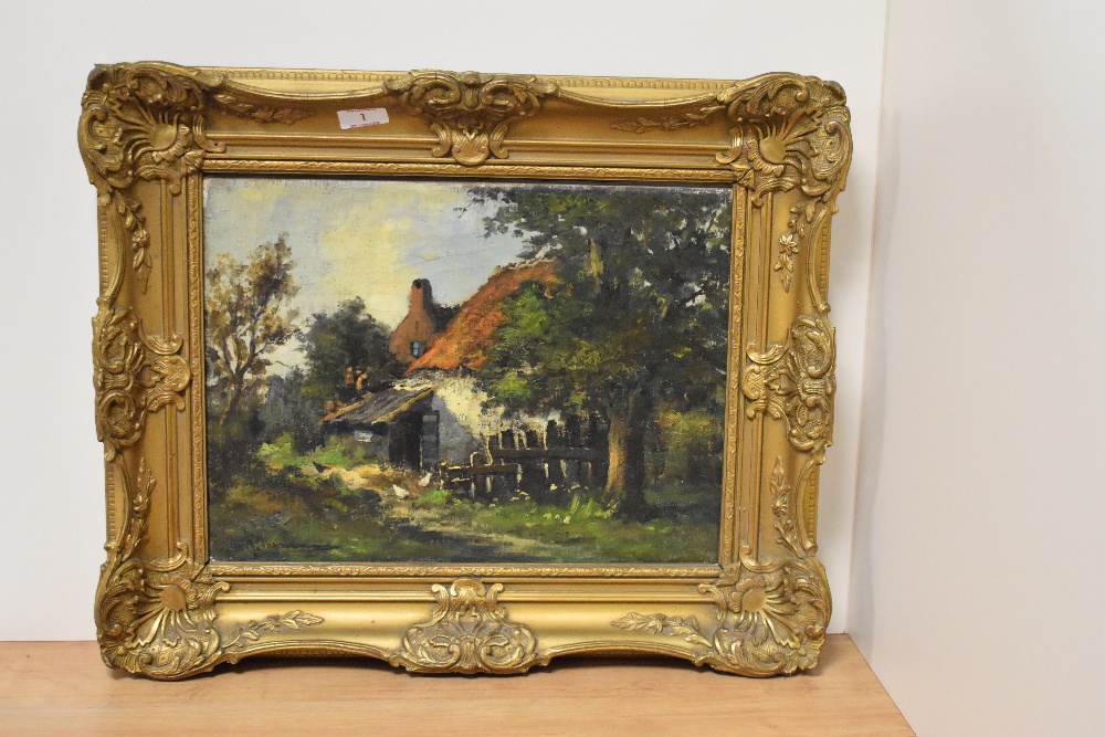 19th/20th Century, Continental School, oil on canvas, A solitary farm house with chickens feeding to - Image 2 of 4