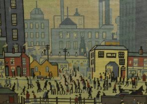 After Laurence Stephen Lowry (1887-1976), 20th Century, needlework embroidery, An industrial