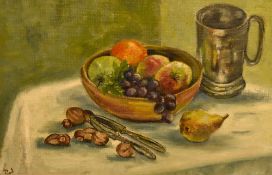 20th Century British School, oil on board, 'Afters', a still life, signed 'Pat. J' to the lower