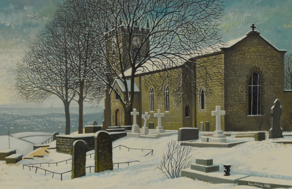 Ian Price (20th Century, British), acrylic, A hill top church in winter, vibrant colour and well