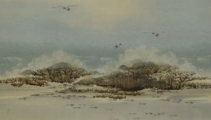 20th Century British School, watercolour and gouache, A winter landscape with birds in flight above,