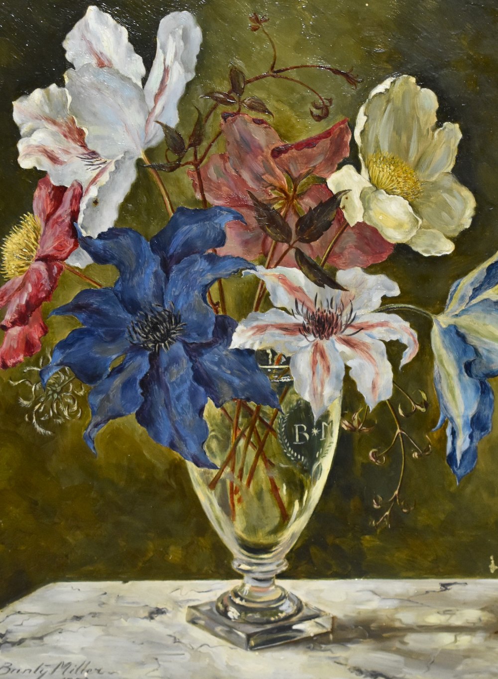 Bunty Miller (1919-1989, British), oil on panel, An attractive still life arrangement, Clematis