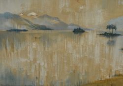 Donald Hughes (20th Century), mixed media - watercolour & gouache, A landscape depicting lake with