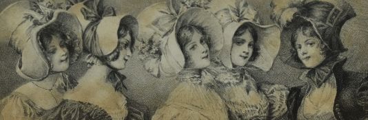 Four framed and mounted prints of 19th/20th Century fashionable French ladies, to include a hand