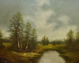 Wilhelm Koenig (20th Century, Austrian), oil on board, An atmospheric, wooded landscape with marsh